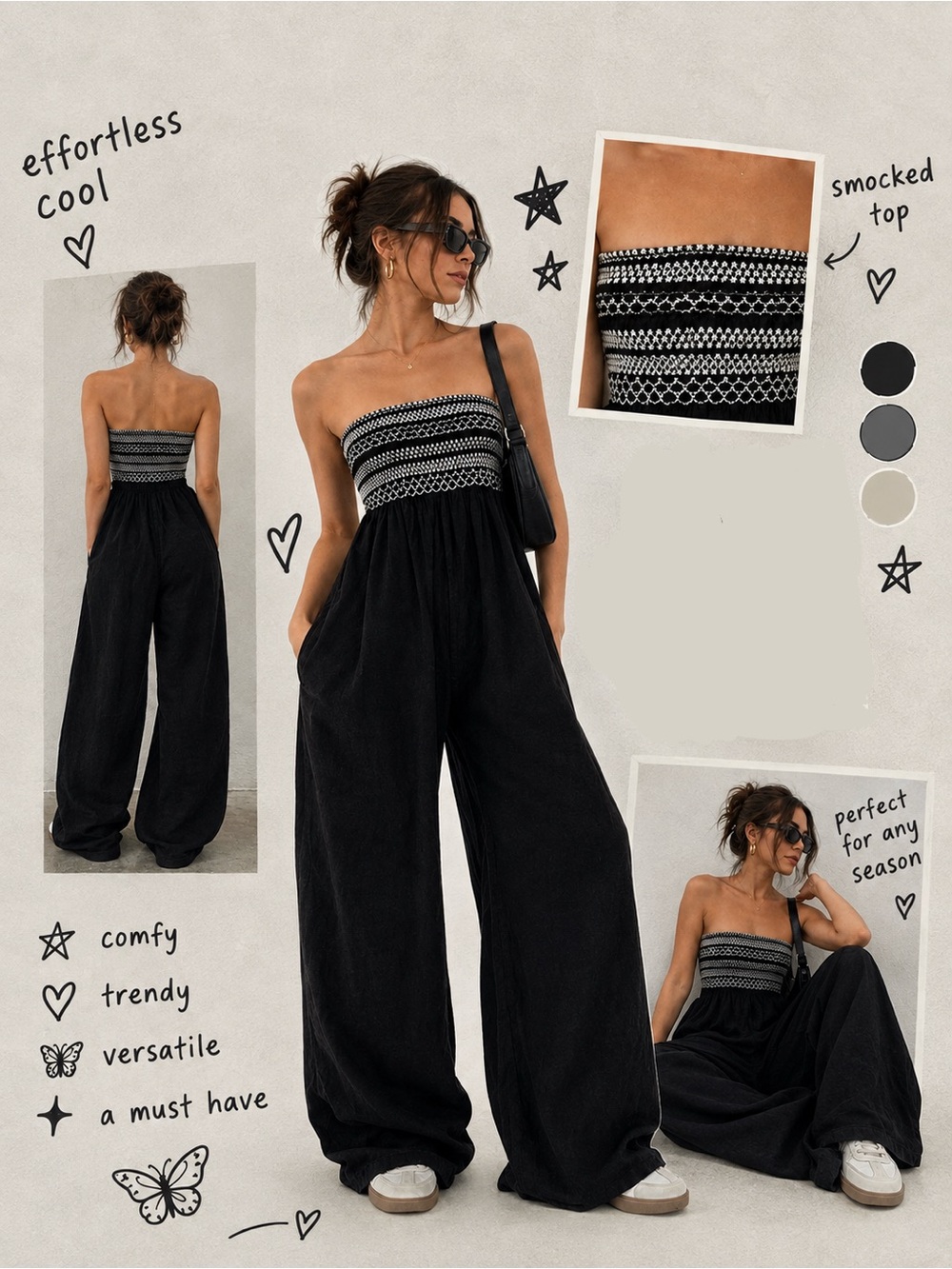 Indulge InStyle Black Strapless Smocked Wide-Leg Jumpsuit S